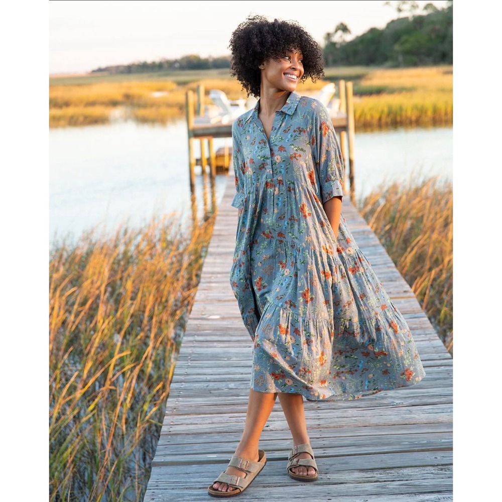 Natural Life Floral Rebecca Midi Dress Blue Orange Boho Button Front Medium